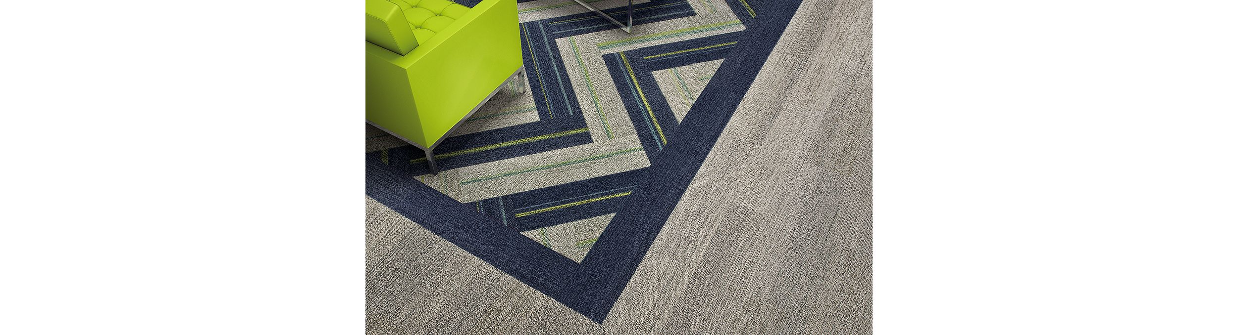 Interface Harmonize and Ground Waves plank carpet tiles with neon green chair imagen número 3